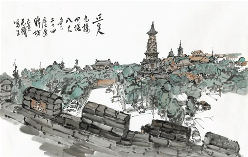 城楼望正定四塔 46×63cm 纸本设色 2019年