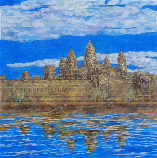 柬埔寨-吴哥窟 纸本重彩 120×120cm 2007年 (中国画家彩绘联合国大家庭)