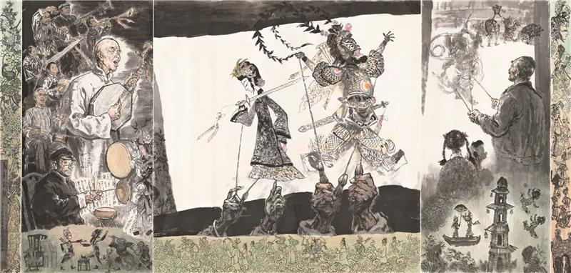 李延声 皮影千秋 国画 199cm×428cm