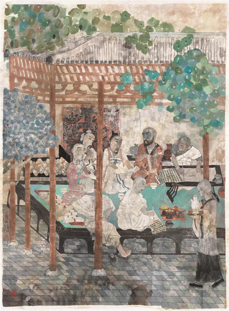 张培成 安息国僧人安世高入洛阳译禅典 国画 303cm×219cm