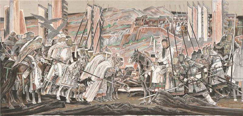 于新生 郭子仪卸甲降回纥 国画 246cm×511cm