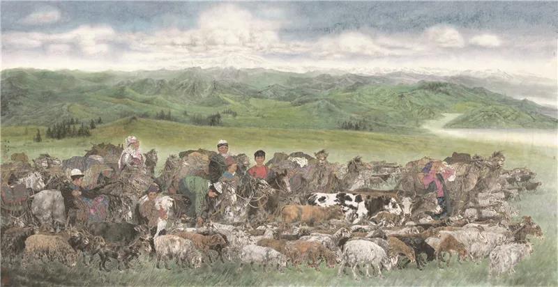 于文江 迁徙 国画 187cm×364cm
