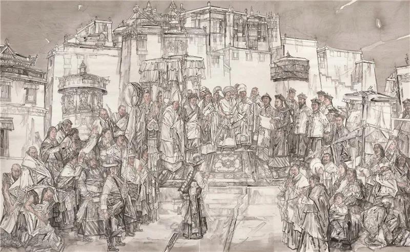 吕书峰 顺治帝遣使恭迎达赖五世赴京册封 国画 366cm×596cm