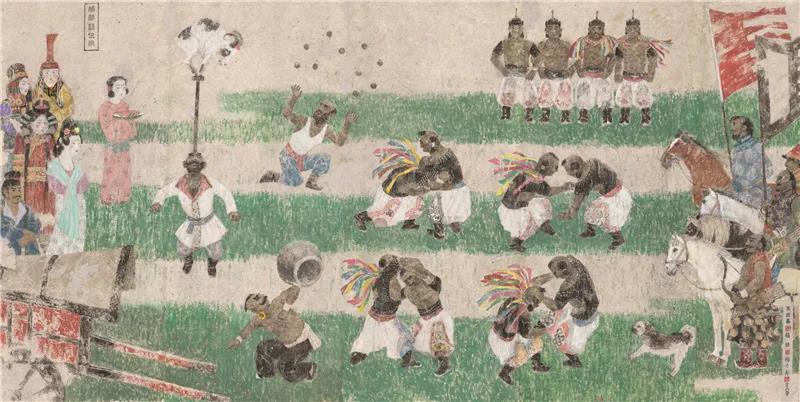 王迎春、杨力舟、杨臻 丝路遗韵·赫赫竞技乐 国画 194cm×390cm