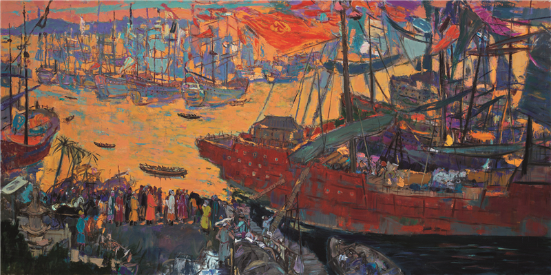 张立平 涨海声中万国船——元代泉州港 油画 190cm×380cm