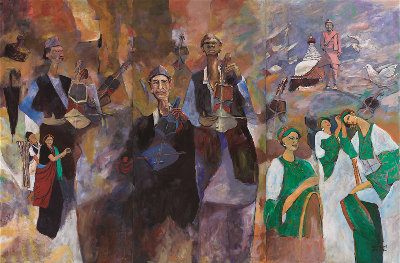 布帝·顾朗（尼泊尔） 甘达瓦人和萨伦吉琴 油画 200cm×300cm