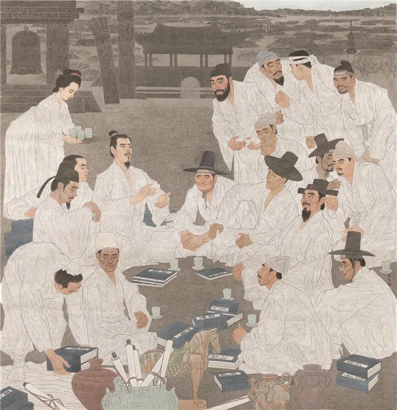 李雄范 古朝鲜学者崔致远入中原交流 国画 304cm×290cm