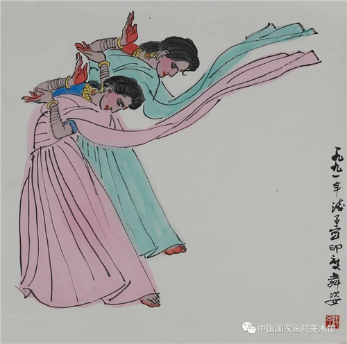 《印度舞姿》 1991年 纸本、彩墨 68cmx68cm 1992年入藏  款识：一九九一浅予写 印度舞姿 钤印：浅予（白）