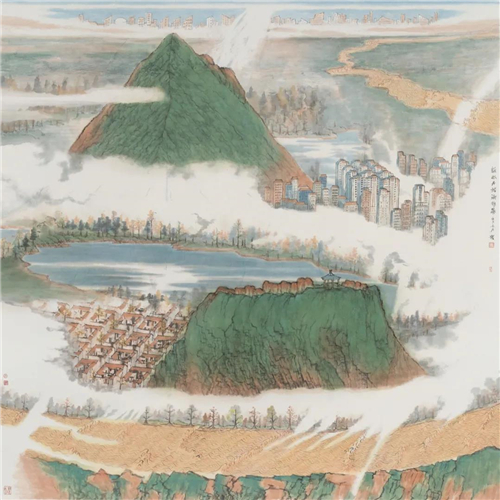 何加林 谁赋丹赭染鹊华 纸本设色 200cm×200cm 2020年