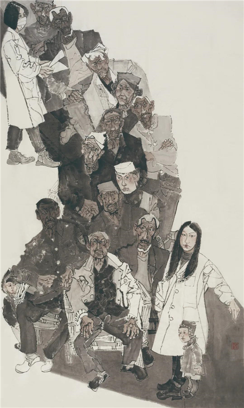 陈罡  黄河清健·体检日  纸本设色  237cm×143cm  2020年