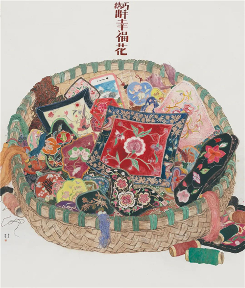 李夏夏 巧手绣出幸福花 纸本设色 240cm×190cm 2020年