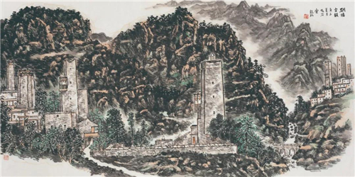 龙瑞 碉楼古韵 123cm×245cm 中国画 2020年