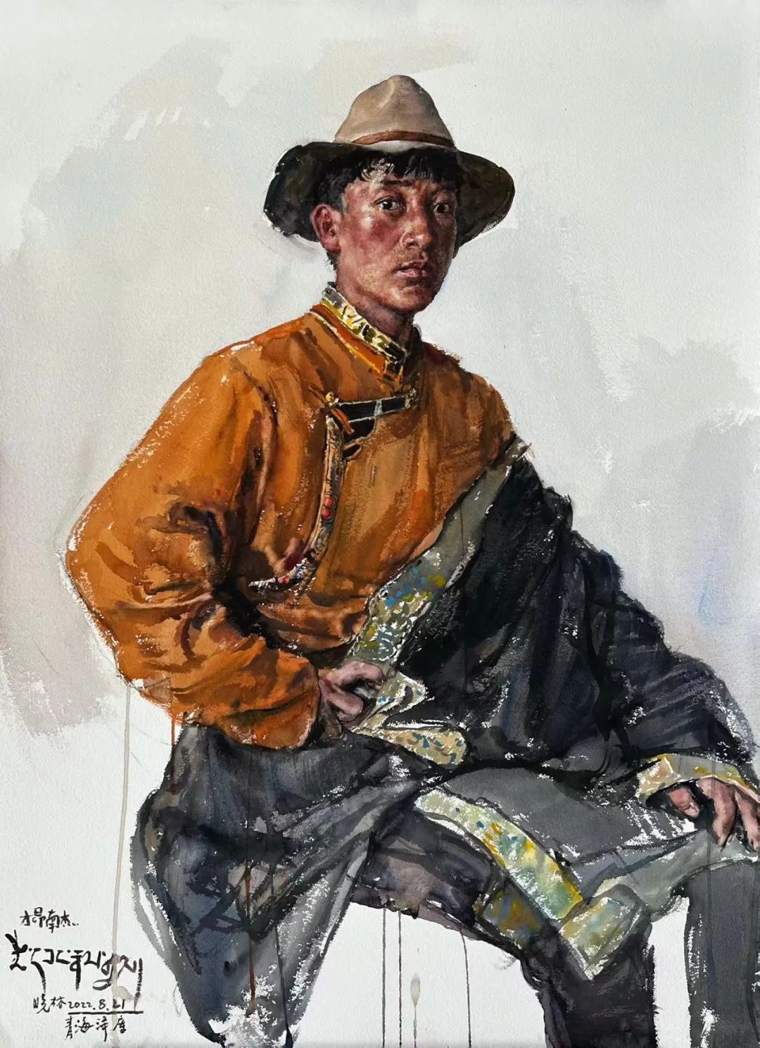 李晓林？藏族青年才昂南杰 水彩画 105cm×75cm 2022年