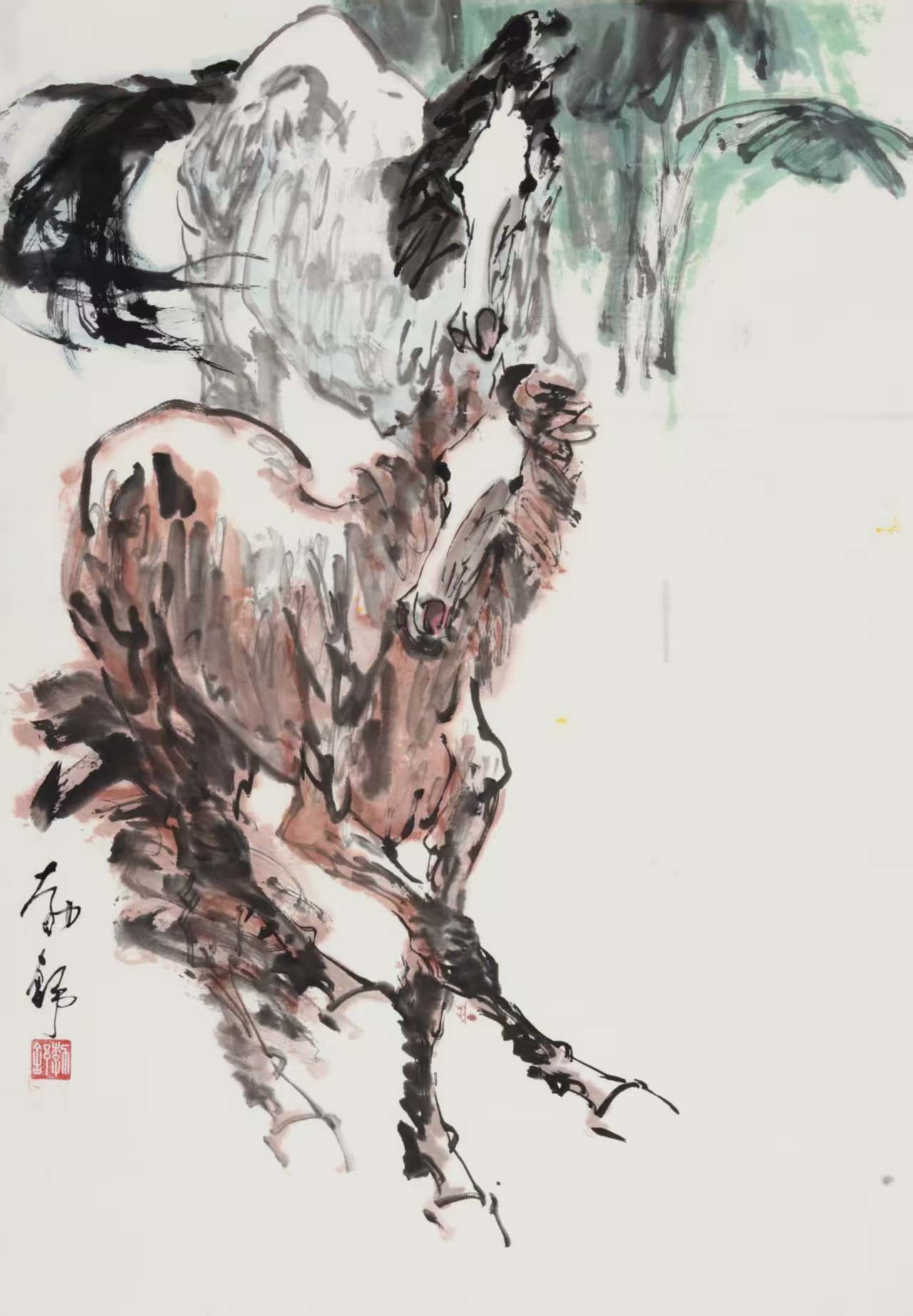 1.刘勃舒  悠然双马  纸本设色  100cm×69.5cm  1995年  1. Liu Boshu  Two Horses at Leisure   Ink and Color on Paper  100cm×69.5cm  1995 