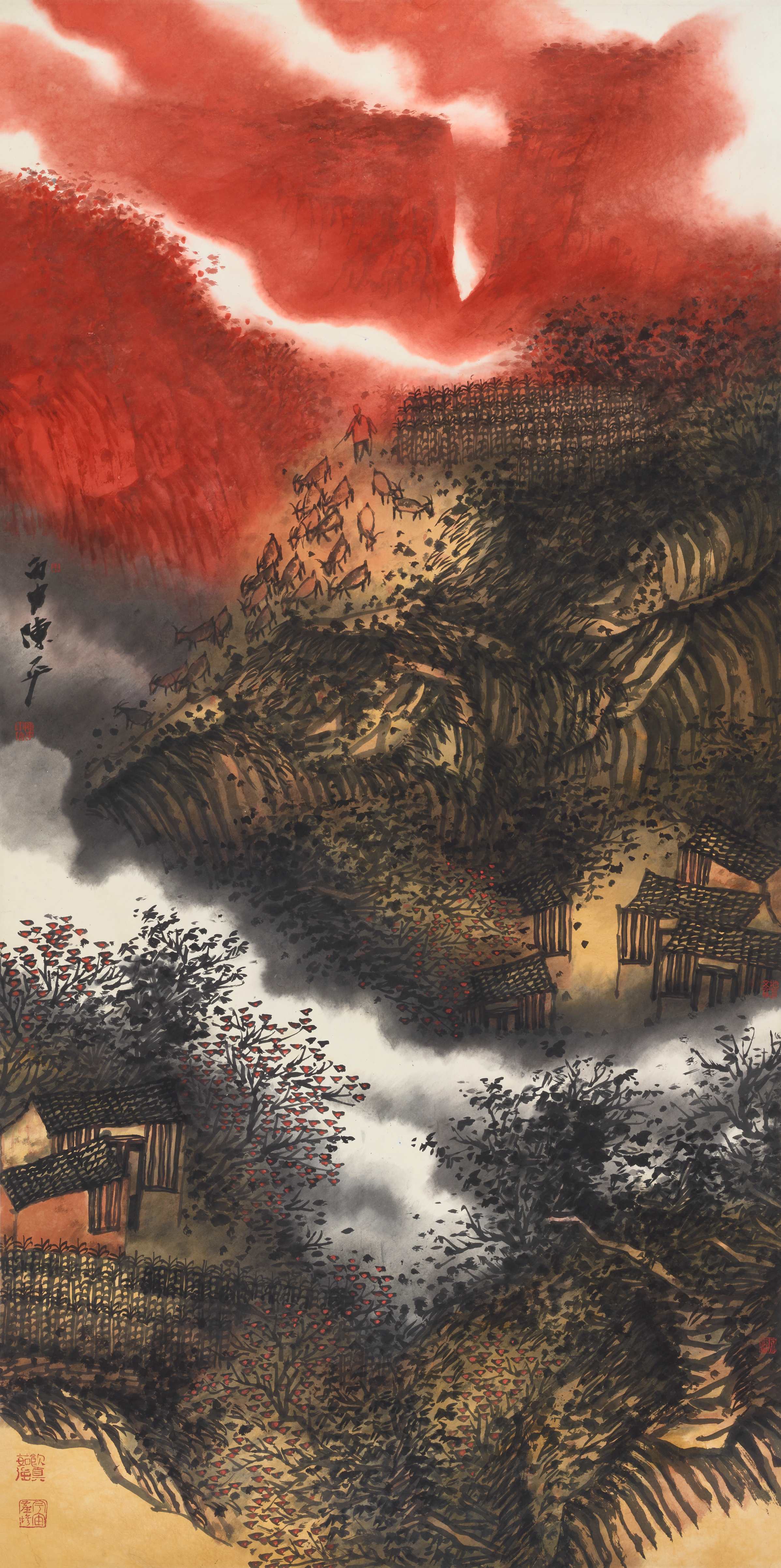 34.陈平  山水之二  纸本设色  205.7cm×102cm  2016年  34. Chen Ping  Mountains and Waters Ⅱ  Ink and Color on Paper  205.7cm×102cm  2016 