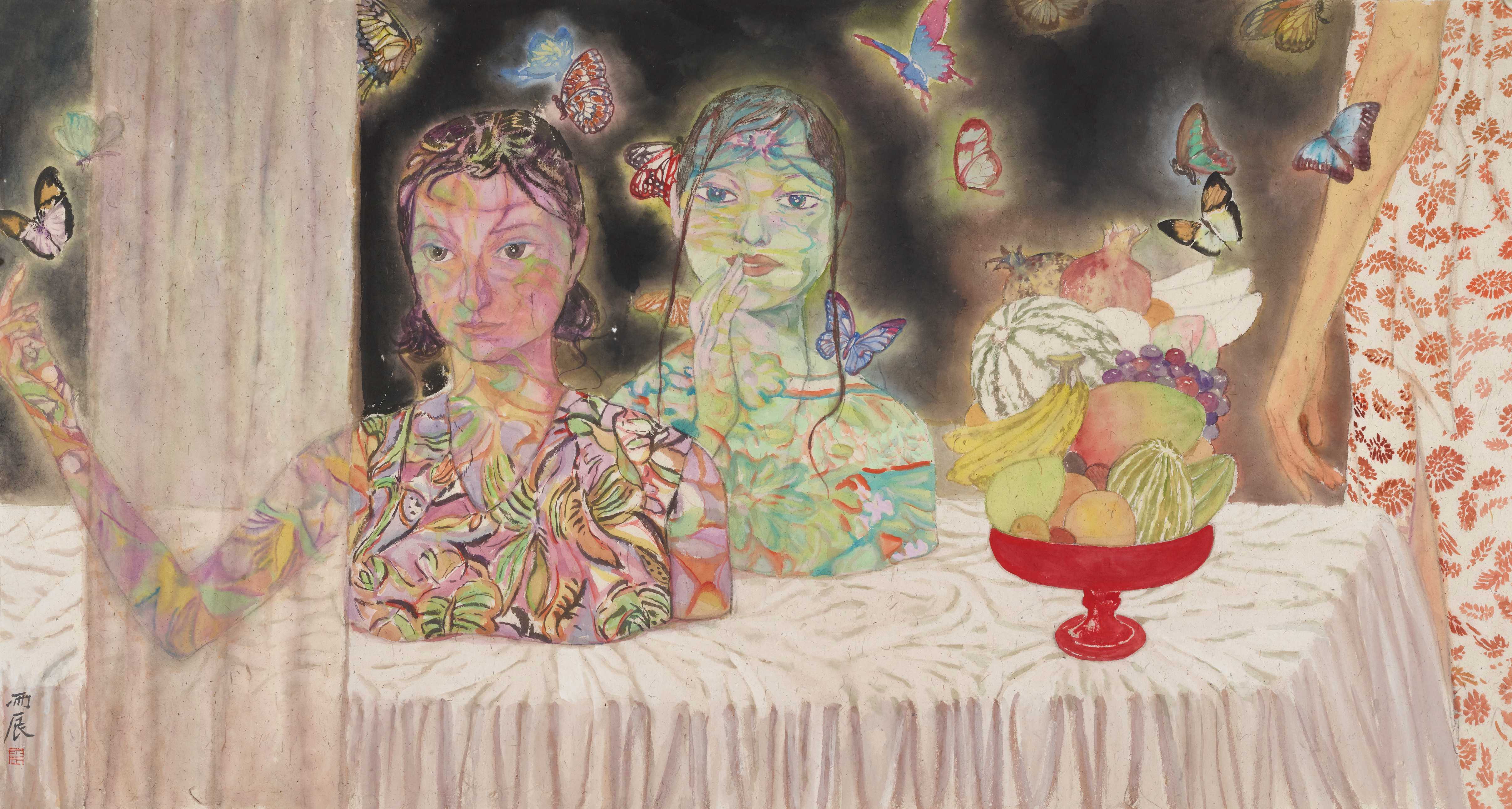49.党震  燕尾蝶  纸本设色  97cm×182cm  2025年  49. Dang Zhen  Swallowtail Butterflies  Ink and Color on Paper  97cm×182cm  2025