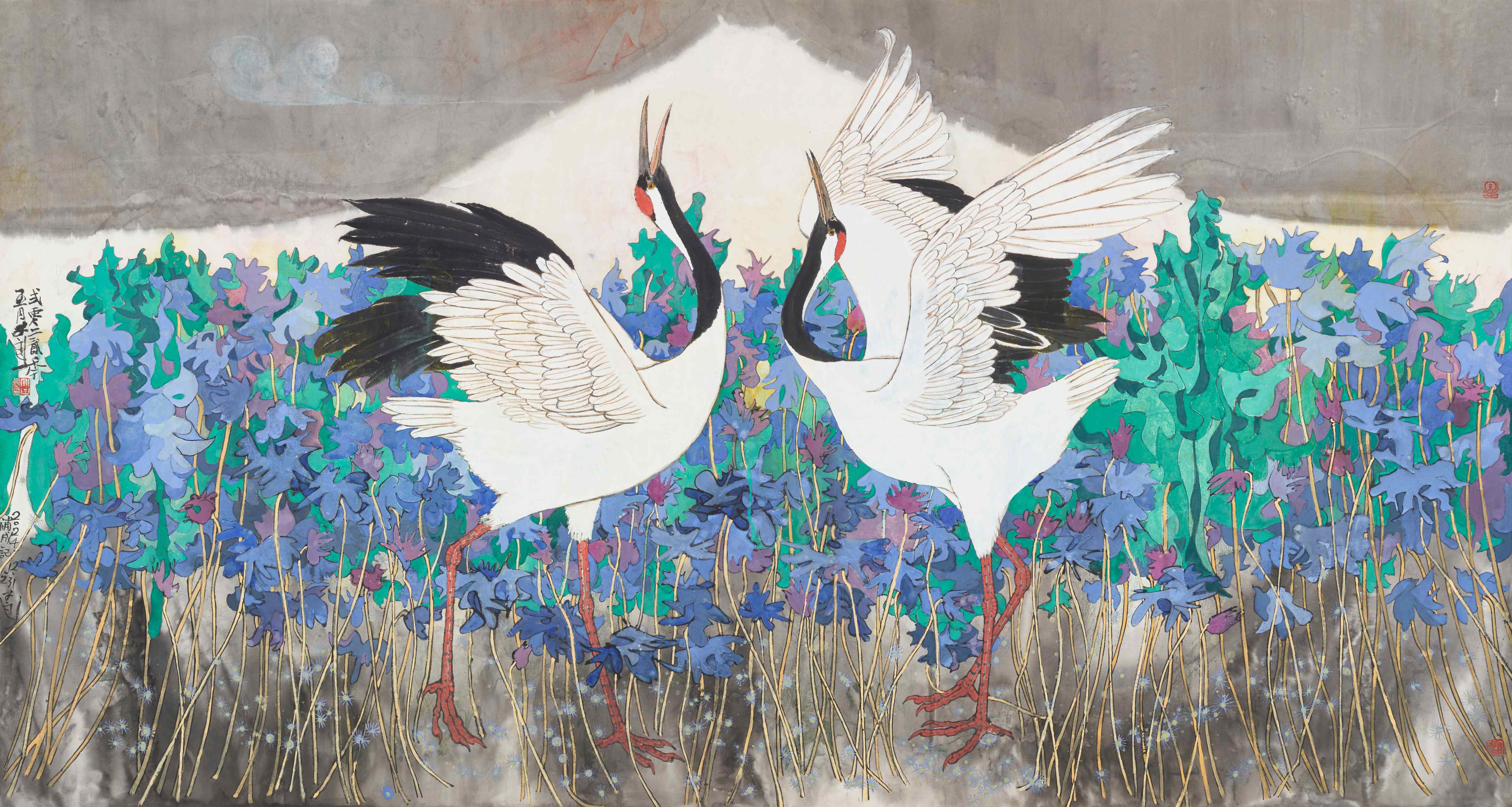43.郭子良  春天的舞步  纸本设色  95.5cm×178.5cm  2024年  43. Guo Ziliang  Dances of the Spring  Ink and Color on Paper  95.5cm×178.5cm  2024 