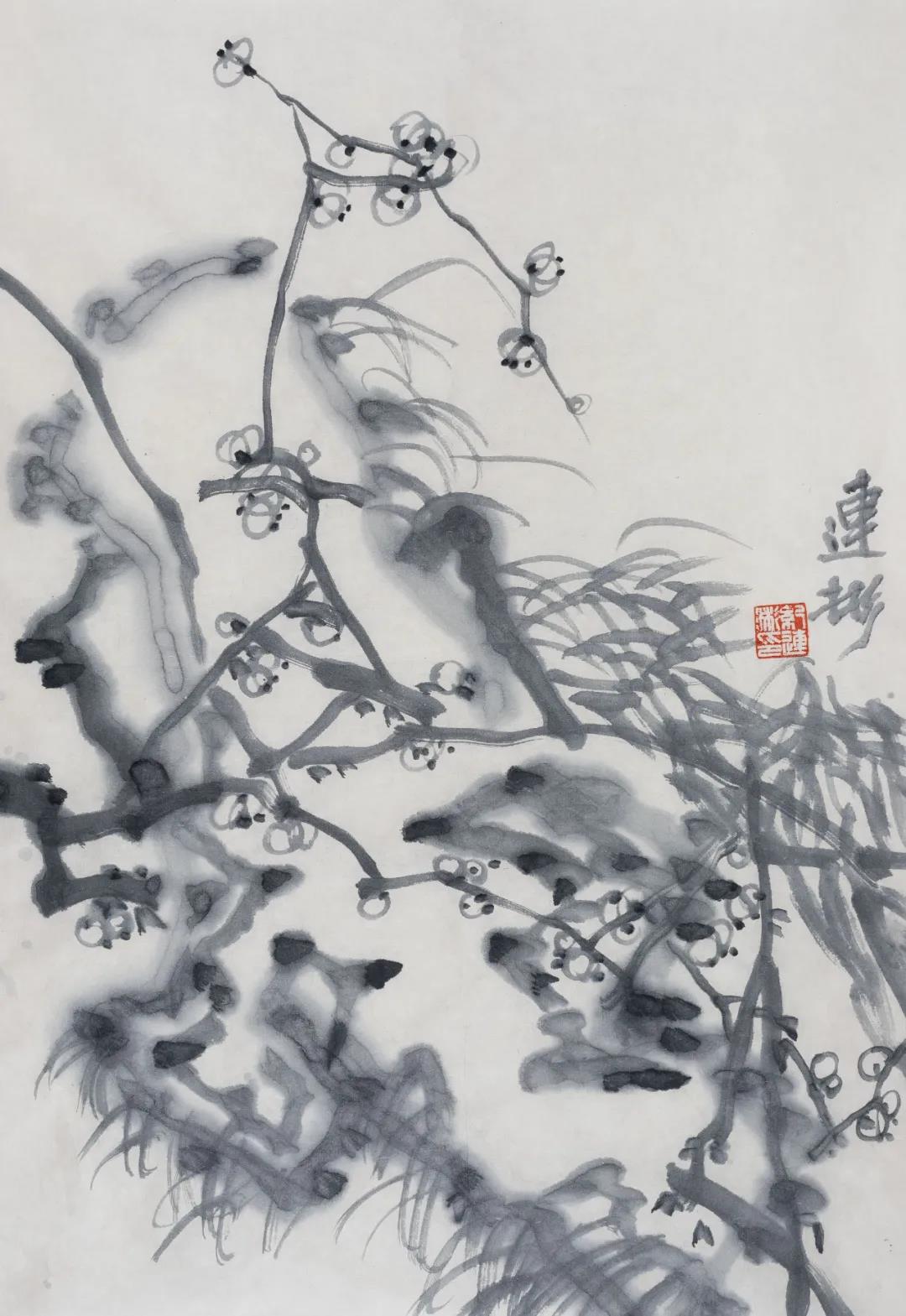 纪连彬《梅石图》42cmx30cm